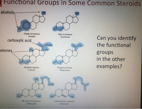 Functional Groups in Some Common Steroids alcohols ?? Female sex hormone Estradiol Male sex hormone Testosterone Can you identify the functional groups in the other examples? carboxylic acid etones Metabolic regulato Cortisone Pregnancy homon Progesteone ?? HO OH OH Bile salt for fat digestion Cholic acid Cell membrane component Cholesicrol