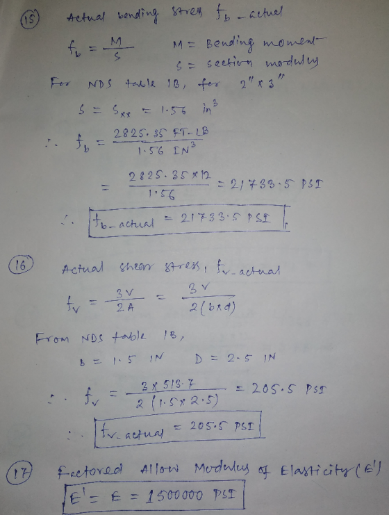 Aetual bending 8trey fo actuel 15 Bendling moment S = seetion moduly table 1B, for 2x 3 fo For NDS S= S = 1.56 in メ丈 2825.