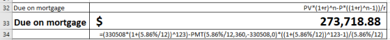 32 Due on mortgage PV* 33 Due on mortgageŞ 273,718.88 -330508(1+(5.86%/12)^123)-PMT(5.86%/12,360,-330508,0)*(( 1+(5.86%/12)^123-1)/(5.86%/12)