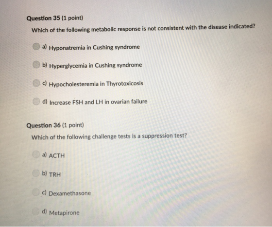 Question 35 (1 point) Which of the following metabolic response is not consistent with the disease indicated? a) Hyponatremia