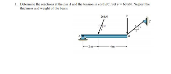 1. Determine the reactions at the pin 4 and the tension in cord BC. Set F-60 KN. Neglect the thickness and weight of the beam