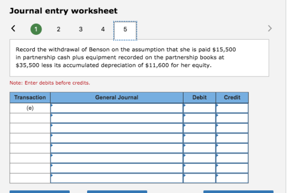 Journal entry worksheet < 1 2 3 4 Record the withdrawal of Benson on the assumption that she is paid $15,500 in partnership c