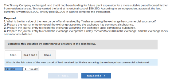 The Tinsley Company exchanged land that it had been holding for future plant expansion for a more suitable parcel located far