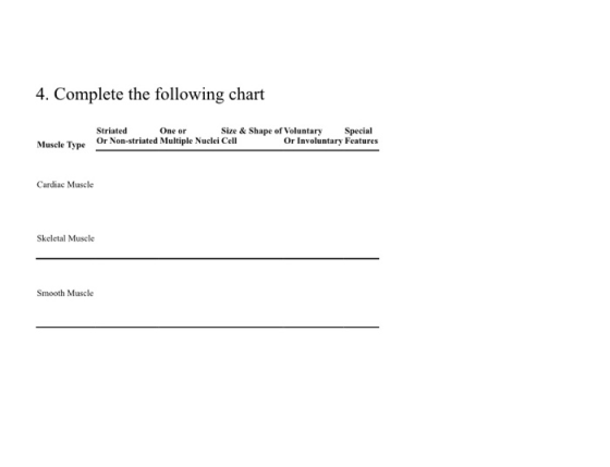 4. Complete the following chart Striated One or Size & Shape of Voluntary Special Or Non-striated Multiple Nuclei Cell Or Inv