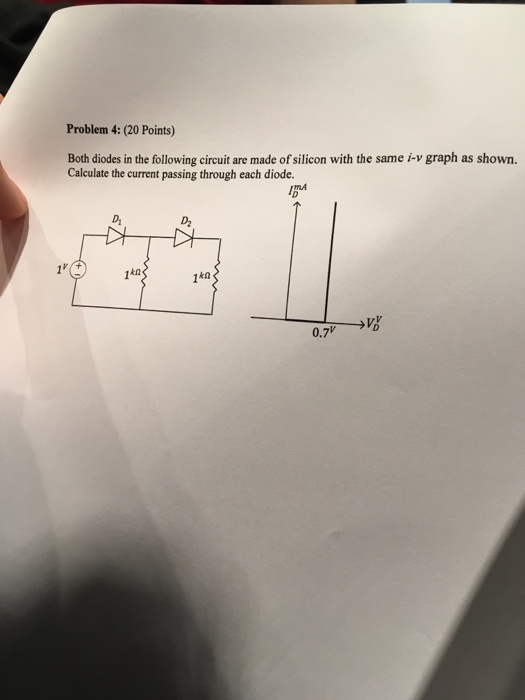 Problem 4: (20 Points) Both diodes in the following circuit are made of silicon with the same i-v graph as shown. Calculate t