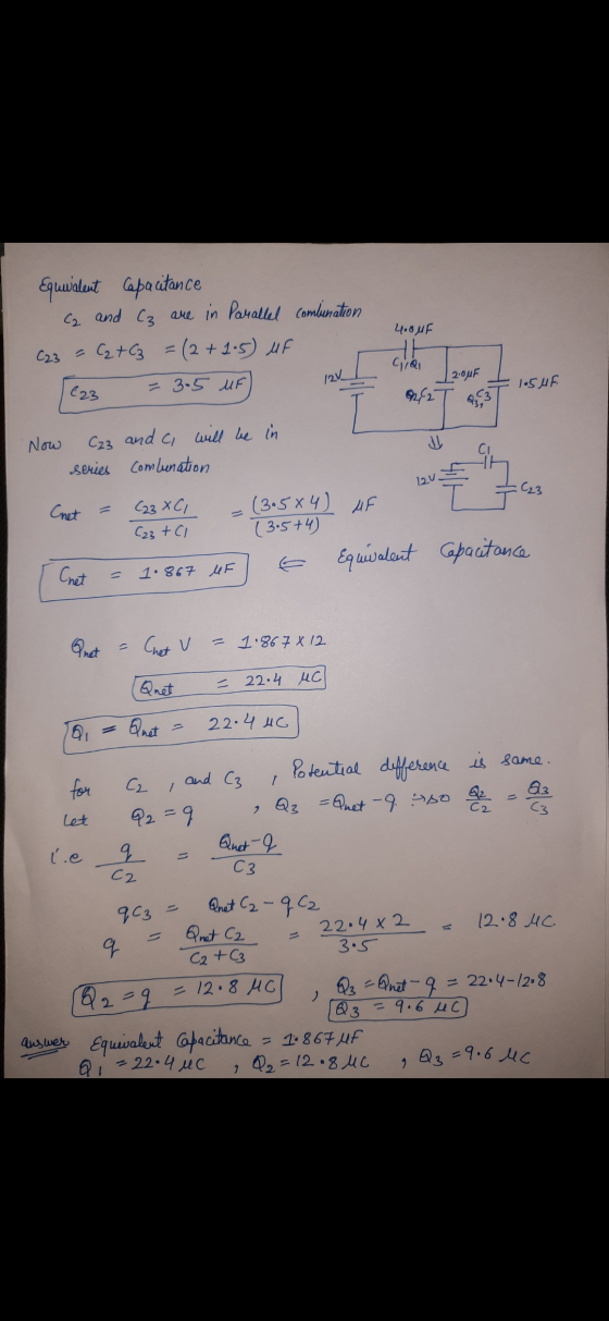 Equisent capacitance and C3 are in Parallel combunation C23 = C2 +63 = (2+1.5) UF C2 4.0 MF HH GTQI 12V 2.00F (23 1.5 MF. - 3