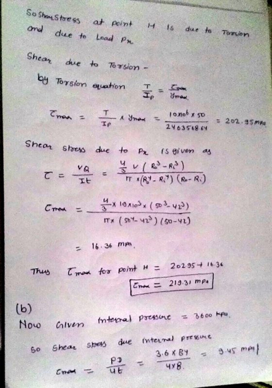 So Shem. Stress ond due to at point H is due to Torsion Lead Pro Shear due to Torsion - by Torsion equation In - Yemen Com Th