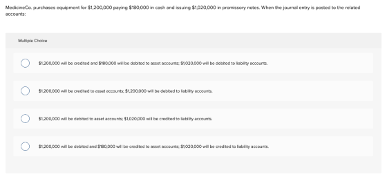 MedicineCo. purchases equipment for $1,200,000 paying $180,000 in cash and issuing $1,020,000 in promissory notes. When the j