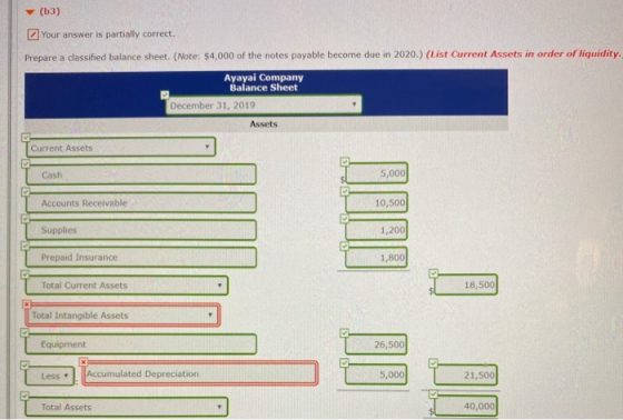 (13) Your answer is partially correct. Prepare a classified balance sheet. (Note: $4,000 of the notes payable become due in 2