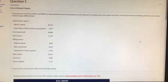 Question 1 View Policies Current Attempt in Progress wout the writs of presenting income statement in a multiple steper singl