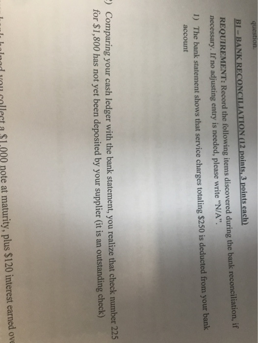 question B1 - BANK RECONCILIATION (12 points, 3 points each) REQUIREMENT: Record the following items discovered during the ba