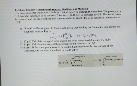 2. (20 pts) Chapter 7 Dimensional Analysis, Similitude and Modeling The drag of a sonar transducer is be predicted, based on