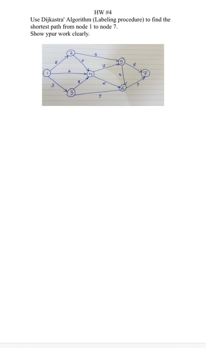 HW #4 Use Dijkastra Algorithm (Labeling procedure) to find the shortest path from node 1 to node 7. Show ypur work clearly.