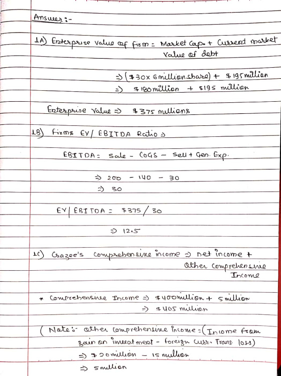Answer :- - 14) Enterprise value of fis m = Market capot Current market value of debt -> ($30x 6 million share) + $ 195 milli