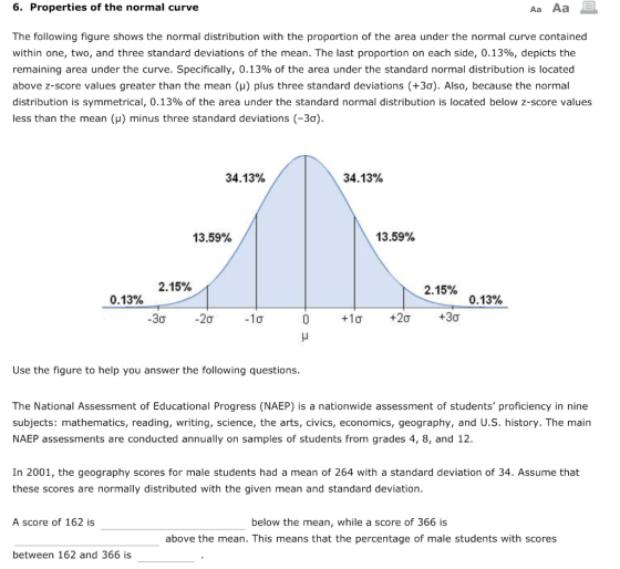 6. Properties of the normal curve Aa Aa The following figure shows the normal distribution with the proportion of the area un
