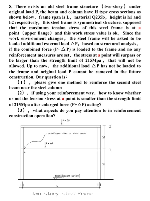 8. There exists an old steel frame structure (two-story) under original load P, the beam and column have H type cross section