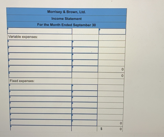 Morrisey & Brown, Ltd. Income Statement For the Month Ended September 30 Variable expenses: Fixed expenses: r $