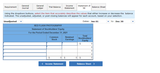 Requirement General Journal General Ledger Trial Balance Income Statement Statement of SE Balance Sheet Using the dropdown bu