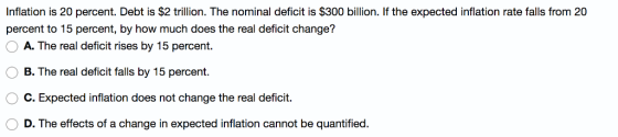Inflation is 20 percent. Debt is $2 trillion. The nominal deficit is $300 billion. If the expected inflation rate falls from 20 percent to 15 percent, by how much does the real deficit change? A. The real deficit rises by 15 percent. B. The real deficit falls by 15 percent. O C. Expected inflation does not change the real deficit. D. The effects of a change in expected inflation cannot be quantified.