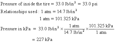 Pressure of inside the tire = 33.0 1b/in= 33.0 psi Relationships used: 1 atm = 14.7 lb/in 1 atm = 101.325 kPa Pressure in kPa