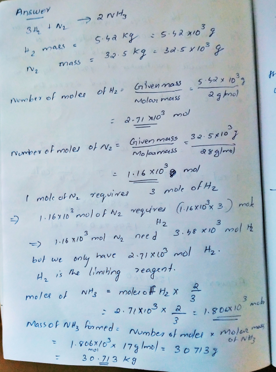 Answer aritz 3 Nr 2 with massa a 5.42 kg - 5.42x1039 mass = 32.5kg 32.5x 103 w st 5.62x103 2 ghnol Number of moles of H2 Give