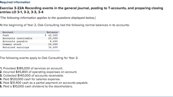 Required information Exercise 3-22A Recording events in the general journal, posting to T-accounts, and preparing closing ent