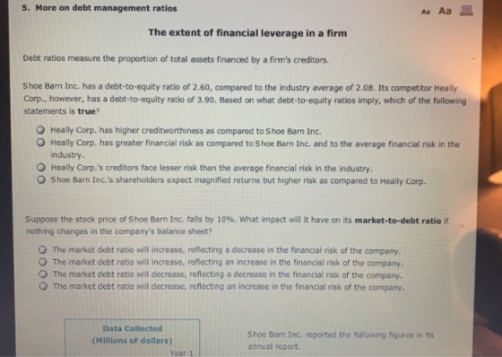 5. More on debt management ratios Aa Aa E The extent of financial leverage in a firmm Debt ratios measure the proportion of total assets financed by a firms creditors Shoe Barn Inc. has a debt-to-equity ratio of 2.60, compared to the industry average of 2.08. Its competitor Heally Corp., however, has a debt-to-equity ratio of 3.90. Based on what debt-to-equity ratios imply, which of the following statements is true? O Heally Corp. has higher creditworthiness as compared to Shoe Barn Ind. O Heally Corp, has greater financial risk as compared to Shoe Barn Inc. and to the average financial risk in the industry. O Heally Corp.s creditors face lesser risk than the average financial risk in the industry. O Shoe Barn Inc.s shareholders expect magnified returns but higher risk as compared to Heally Corp. Suppose the stock pnce of Shoe Barn Inc. falls by 10%, what impact will it have on its market-to-debt ratio if nothing changes in the companys balance sheet? O The market debt ratio will increase, reflecting a decrease in the financial risk of the company. O The market debt ratio will increase, reflecting an increase in the financial risk of the company. O The market debt ratio will decrease, reflecting a decrease in the financial risk of the company. O The market debt ratio will decrease, reflecting an increase in the financial risk of the company. Data Collected S hoe Barn Inc. reported the following figures in its annual report. (Millions of dollars) Year 1