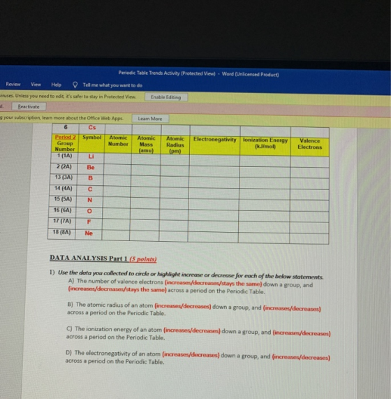 Periodic Table Trends Activity (Protected View) - Word (Unlicensed Product) Review View Help Tell me what you want to do ruse