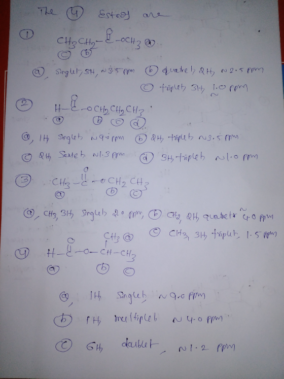 The 9 Esteds are CHOCH- & och @ Singht, SH, N3.5 ppm 6 quatre 1, 2H, N2.5ppm © triplet, 3H 1.00rpm » HC-CH₂ CH₂ CH3 @, IH Sin