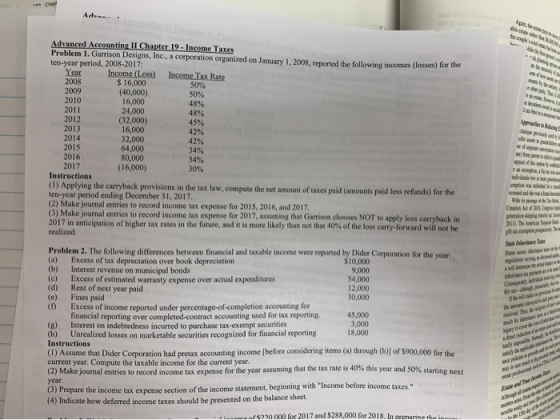 Advanced Accounting II Chapter 19- Income Taxes Problem 1. Garrison Designs, Inc., a corporation organized on January 1, 2008