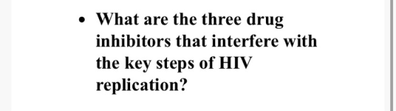 • What are the three drug inhibitors that interfere with the key steps of HIV replication?