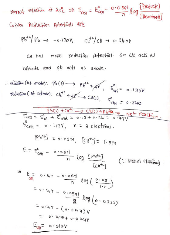 Nomst equation at asº >> Ecev = Eceu - 0.0 50! log Producks] Given Reduction Potentials are poto/ Pb = -0.130V, cuta / Cu 0.3