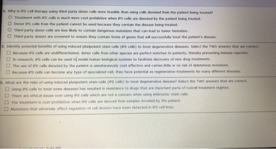 1. Why is iPS cell therapy using third-party donor cells more feasible than using cells donated from the patient being treate