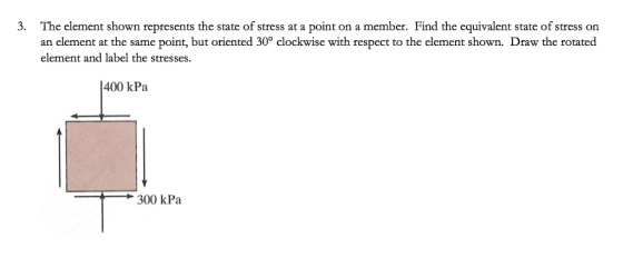 The element shown represents the state of stress at a point on a member. Find the equivalent state of stress on an element at the same point, but oriented 30° clockwise with respect to the element shown. Draw the rotated element and label the stresse 3. 400 kPa t 300 kPa