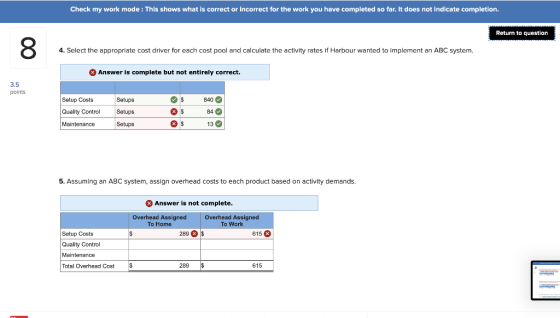Check my work mode : This shows what is correct or incorrect for the work you have completed so far. It does not indicate com