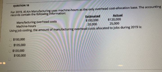 QUESTION 18 For 2019, Al Ain Manufacturing uses machine-hours as the only overhead cost-allocation base. The accounting recor