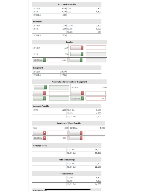 12/1 Bal. 12/18 12/31 Bal. Accounts Receivable 3,700 12/8 9,300 12/27 1,900 9.300 1,800 Inventory 12/1 Bal. 12/13 3.500 11,10