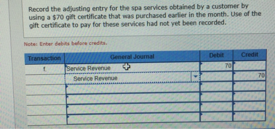 Record the adjusting entry for the spa services obtained by a customer by using a $70 gift certificate that was purchased ear