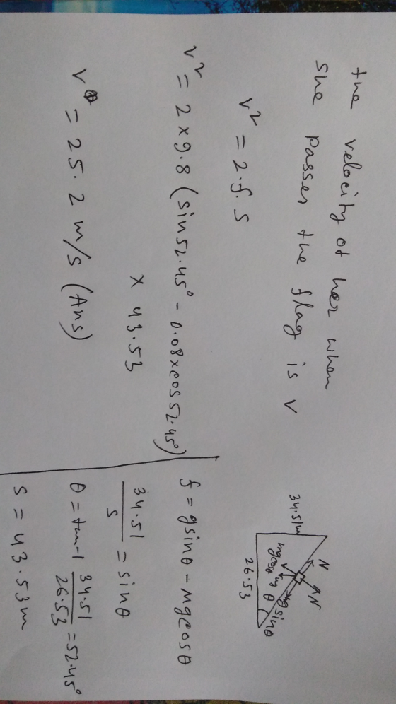 the velocity of her when passes the flag is she N AN 34.51wy Buy On ingcose ng sino L2 26.53 = 2.f. s 22 = 2x9.8 (sin52.45 -0