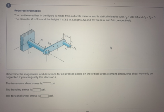 Required information The cantilevered bar in the figure is made from a ductile material and is statically loaded with Fy=380