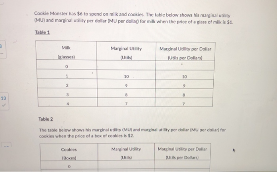 Cookie Monster has $6 to spend on milk and cookies. The table below shows his marginal utility (MU) and marginal utility per
