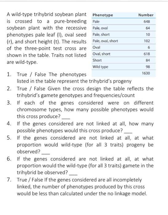 A wild-type trihybrid soybean plant Phenotype Number is crossed to a pure-breeding Pale 648 soybean plant with the recessive