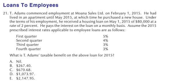 Loans To Employees 5% 4% 21. T. Adams commenced employment at Moana Sales Ltd. on February 1, 2015. He had lived in an apartm