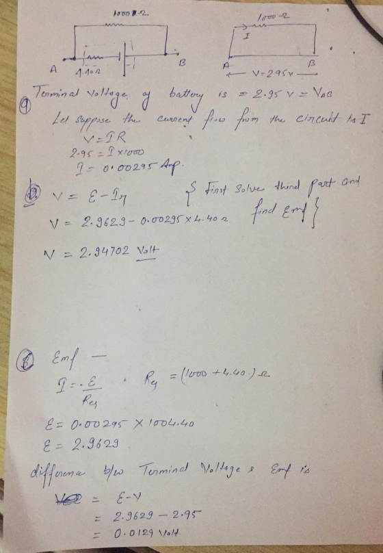 Modo -2. 10002 B A A short I a one V-295 Terminal Voltage, ach battery is = 2.95 V=VAB Les suppose the current from from the
