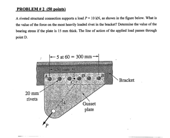 PROBLEM # 2 (50 points) A riveted structural connection supports a load P = 10 kN, as shown in the figure below. What is the