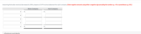 Assuming that sales revenue decreases by 20%, prepare a CVP income statement for each company. (Enter negative amounts using