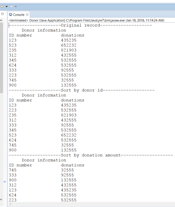 console X <terminated>Donor [Java Application] C:\Program FilesJavajre7 bin\javaw.exe (Jan 18, 2018, 11:14:24 AM) Original re