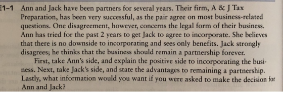 1-1 Ann and Jack have been partners for several years. Their firm, A & J Tax Preparation, has been very successful, as the pa