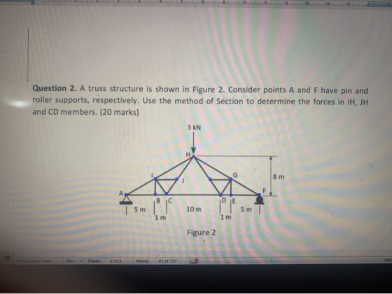 Question 2. A truss structure is shown in Figure 2. Consider points A and F have pin and roller supports, respectively. Use t