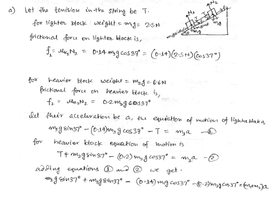 N>イ a) Let the temision ínth. Shiva be T frighten block weight, mgニ2-5 N ร์,: .uk1N, -DIAmq cos 39°.. Co.1+)@SN)@s37) light,